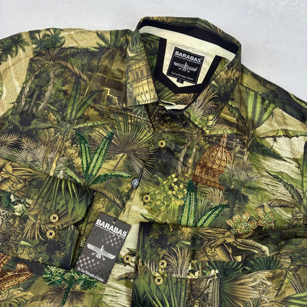 Barabas Button Down Shirt Mens L Green Tropical Rhinestone Jungle Long Sleeve